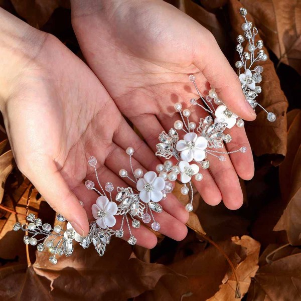 Blommig bröllopshårtendel silverkristall brudhuvudbonad pärla strass