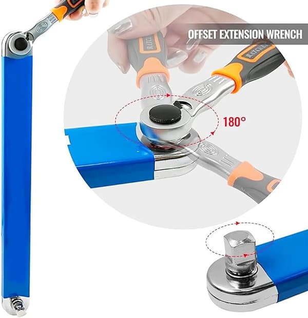 Pro Offset forlænger-nøgle - 1/2\", 1/4\" og 3/8\" Offset forlænger-nøgle - Multifunktionel, egnet til små rum (Blå)