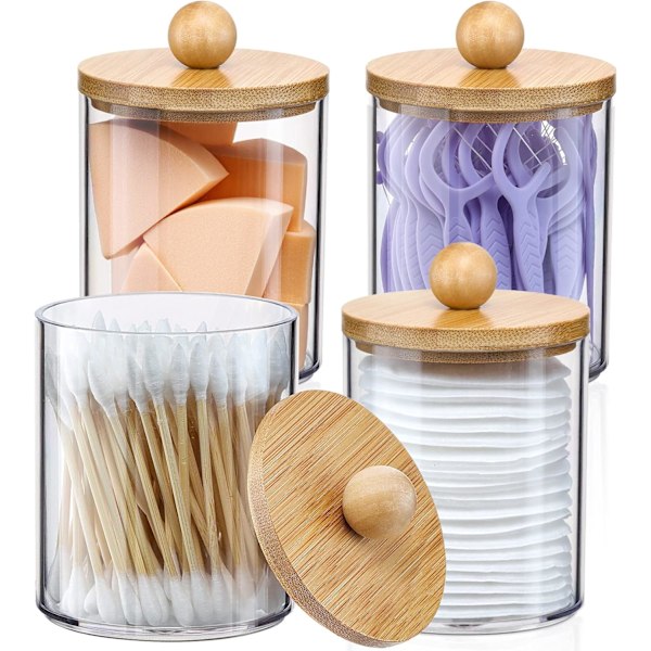 4-pak Holder Dispenser med Bambuslåg Klare Plast Apotekerglas Beholdere til Vanity Makeup Organizer Opbevaring Badeværelsestilbehør Sæt