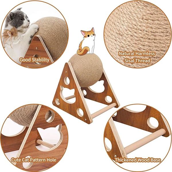 Katt leksaker Sisal Scratcher Ball, Naturlig Sisal Katt Scratching Ball, Katt Scratcher Leksak med Boll, Scratching Ball för Katter, Interaktiv 18*19*17CM
