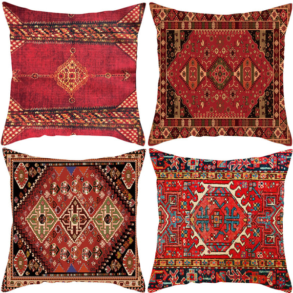 Röda kuddfodral 18x18 Set om 4 Boho Dekorativa Prydnadskuddar för Soffa Vardagsrum Kudde Säng Utomhus Persisk Matta Heminredning