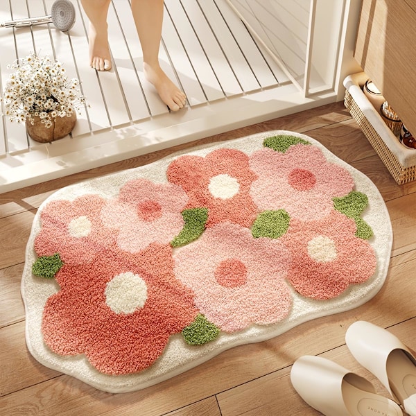 Kukka-kylpyhuonematto, söpö, imukykyinen ja liukumaton kylpymatto, konepestävä kylpymatto, sopii ruokailuhuoneeseen, keittiöön ja olohuoneeseen (40*60CM, vaaleanpunainen kukkakuvio)