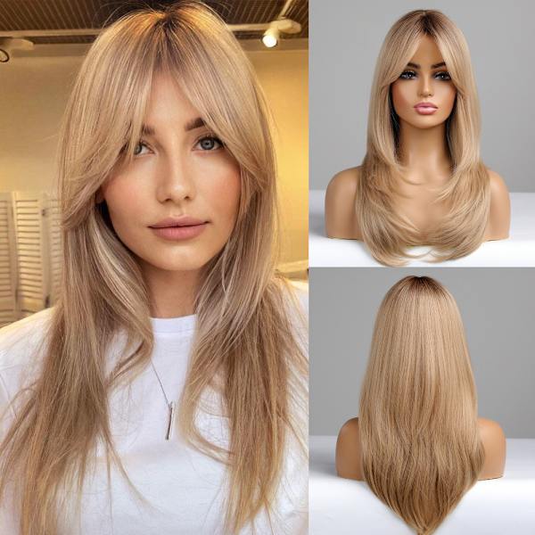 24 tum/61 cm långt lager med lugg rakt syntetiskt fiber axellångt hår för dagligt bruk eller festperuk (askblond)