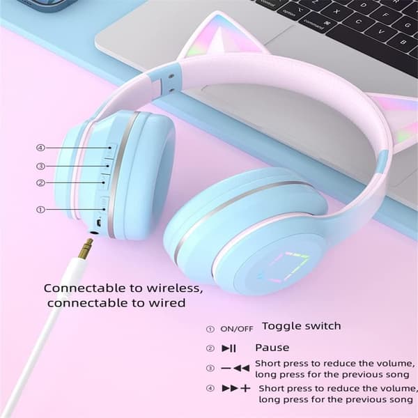 Over Ear Bluetooth Kat Öron Hörlurar, Headset LED Lyser Upp Bluetooth
