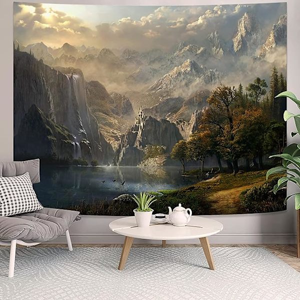 Fantasy World Gobeläng, Bergsskogssjö Landskap Gobelänger, Vildmarkssol Natur Vattenfall Gobeläng för Sovrum Varm 60×80 tum brun
