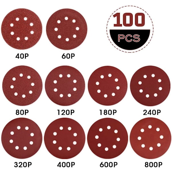 Pakke med 100 stk. 125 mm slibepapir til excentersliber Ø 100 stk. 40/60 (10 skiver pr. korn) 80/120/180/240 (15 skiver pr. korn) 320/400/600/800 (5