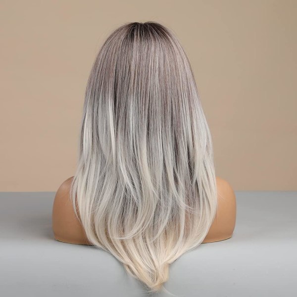 Langt Lagdelt Ombre Grå Parykker For Kvinner, 22 Tommer Ombre Grå Side Parting