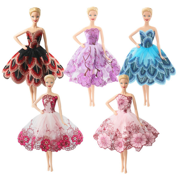 5 stk 30CM Barbie dukke brodert prinsessekjole