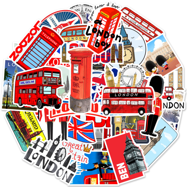 50 stk vandtætte røde busklistermærker, London Vacation Travel Stickers