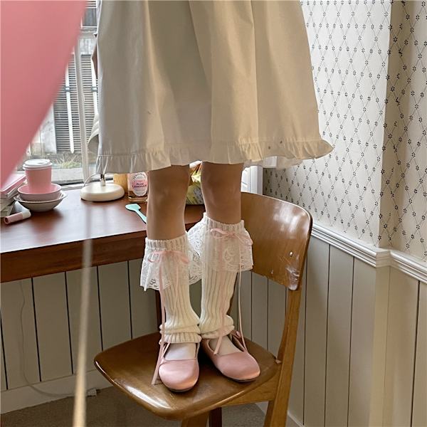 1 Pari Naisten Pitsikoristeinen Rusetti Ribbineulotut Jalkalämmittimet Kawaii 80-luvun Juhlatanssi Pitkät Sukat