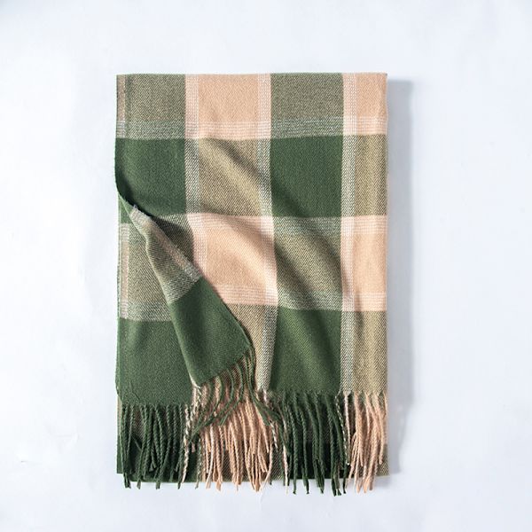 Dammode Halsdukar Lång Cashmere Liknande Sjal Vinter Varma Stickade Stora Kvast Rutig Halsduk 65*180CM  grön