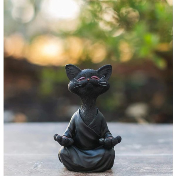 1 stk Meditating Cat Statue - Happy Buddha Cat, Black