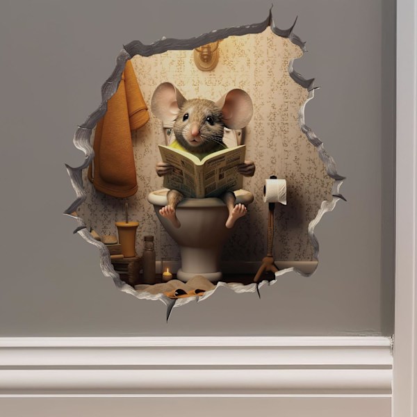 Mus som sitter på toalett i mushål Dekal - Mushålssticker med 3D-effekt - Rolig present - Potträning Presentidé
