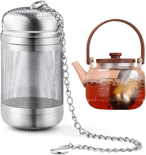 Te-infuser, tefilter i rustfritt stål, tekanne-te-diffuser, te-infuser, tesil med kjetting og lokk for løs te, krydder, urter, kaffe