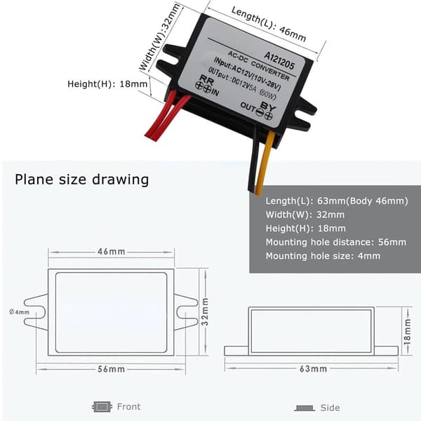 AC 12V til DC 12V 5A 60W Step Down Konverter, 10-28V Input AC-DC Step-Down Strømforsyningsmodul, Vandtæt Spændingsregulator Reducer