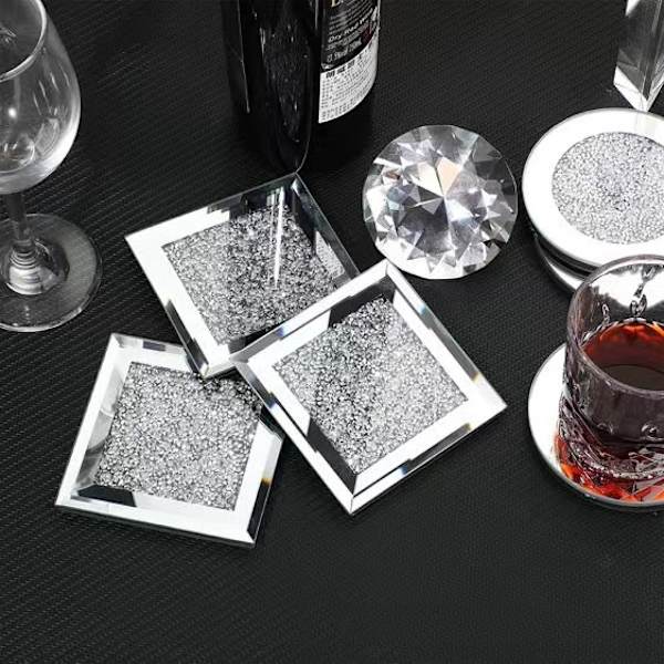 Fyrkantiga glittrande diamantkrossade juvelglasunderlägg i glas, set om 4, 10 cm x 10 cm
