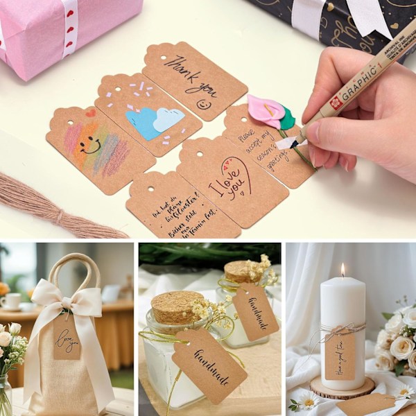 100 st Presentetiketter med Snöre, 5 x 3 cm Kraftpapper Hängande Etiketter för Kläder DIY Hantverk Bröllop Högtid (Brun)