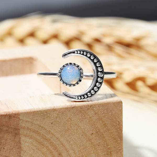 Månesten justerbar åpen ring for kvinner sølvfarge vintage kubisk zirkonia forlovelsesring for kvinner