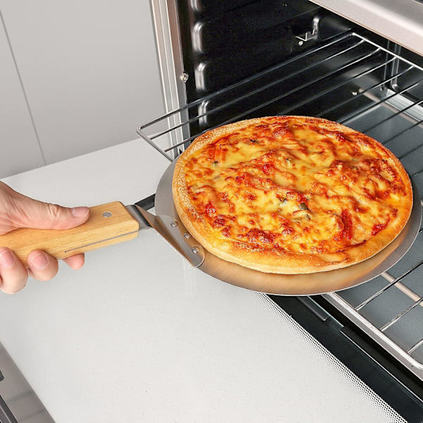 Rustfri pizzaskuffe med treskaft, pizzaskuffe for pizzastein, brødskive, kakeskuffe, pizzaskuffe