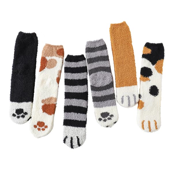 Fluffy kattepotesokker i korallfleece, 6 par