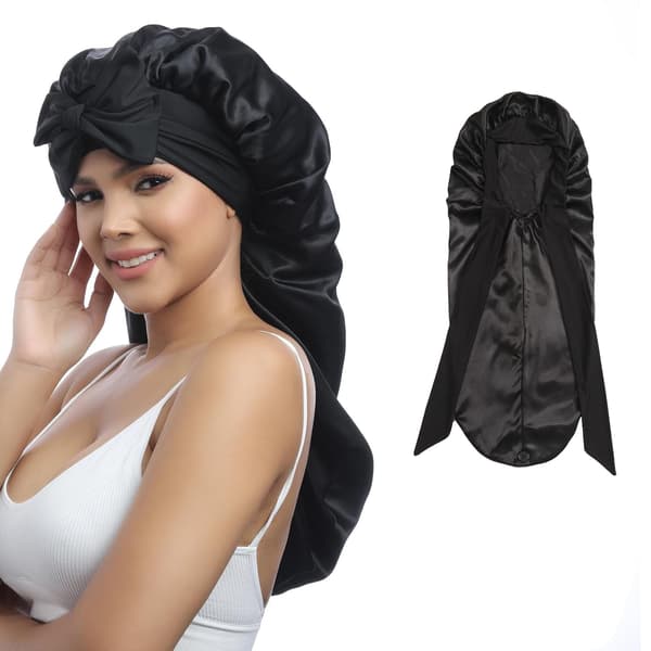 Lang Satin Bonnet til Kvinder - Elastisk Silke Bonnet til Fletninger Hår Sovehætte med Bindebånd (Sort)