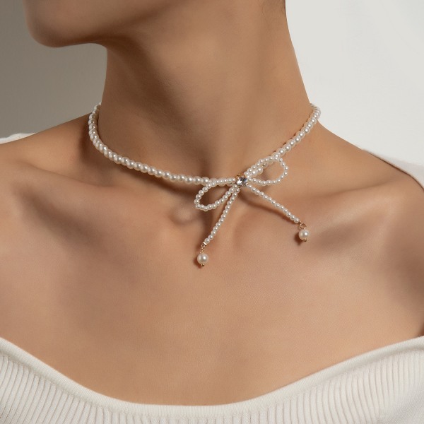 Halsband Imitation Pearl Choker Halsband Söt Fjäril Rosett Pärla