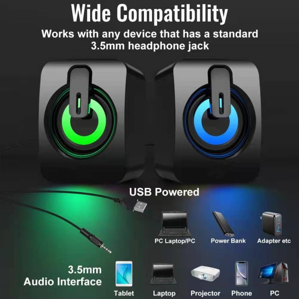Gaming-högtalare för PC, USB driven skrivbordshögtalare med 3,5 mm Aux-ingång,