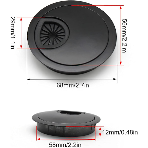 2 kpl 60 mm Kaapelin Läpivienti | Kaapeliaukon Suojus Pöydille, Toimistoihin ja Työtasoille | Väri: Musta | Materiaali: Sinkkiseos