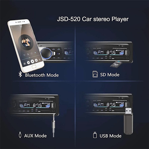 Din Autoradio Bluetooth - FM-radiovastaanotin - USB/USB-muistitikku/AUX-tulo/TF-kortin toisto
