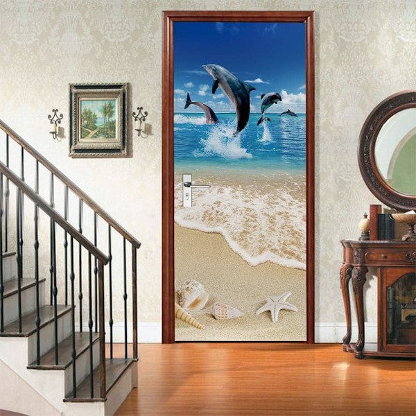 Dörrklistermärke Trompe l'oeil-effekt 3D-tapet för innerdörr kontor sovrum vardagsrum badrum delfinmönster 77 x 200 cm