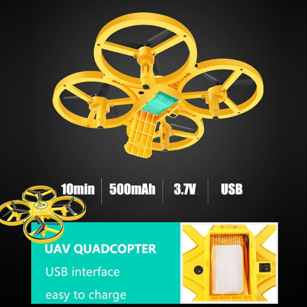 3 tilstande gestussensor Hover Pro Drone med LED-lys, 360° Flips Gestusstyring Smart Hindringsundgåelse (Gul)