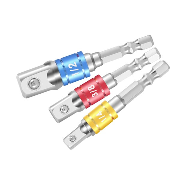 Topadaptere til boremaskiner/slagboremaskiner. Sæt med 3 1/4\", 1/2\", 3/8\" firkantede drivadaptere i kromvanadium