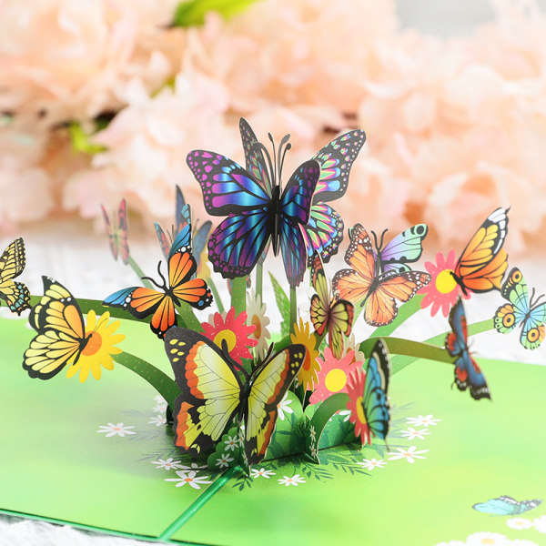 Pop Up Card -perhosia ja kukkia - Tyttöystävä ja äiti (syntymäpäiväauto