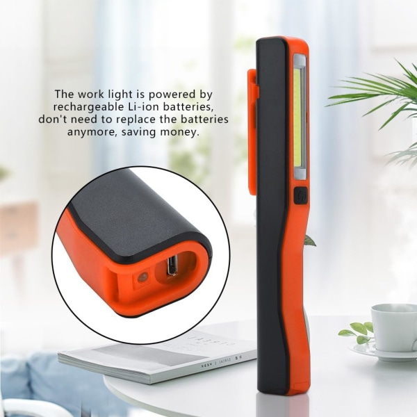 Arbetslampa i fickformat, USB-laddningsbar COB LED-ficklampa, klämma arbetslampa med magnetisk roterande klämma (orange)