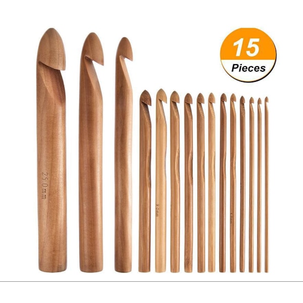 15 Delar Virknålar i Trä och Bambu Set 3 till 25 mm i Diameter Handgjorda Sticknålar Väv Garn Hantverk