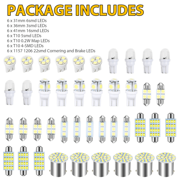 42 st bilar LED-lampor, bil interiör mini glödlampa kit T10 bredd indikator