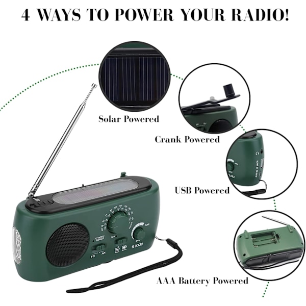Solradio, AM/FM Nödladdningsradio med Handvev 500mA med LED-ficklampa, Mobilladdare, för Utomhusvandring och Camping