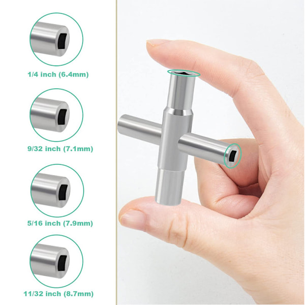 Neliömäinen sähkökaapin avain, 4-suuntainen - Sisämitat: 6,4 mm / 7,1 mm / 7,9 mm / 8,7 mm - Yleisavain - Palomiehen avain - Avain sähkölaitteille