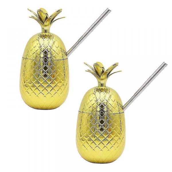 2 stk 500 ml ananas drikkekopper med sugerør i rustfritt stål