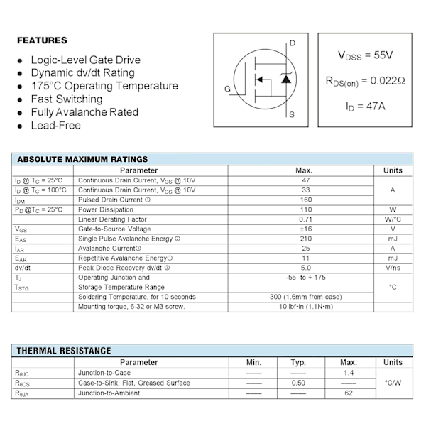10 stk. IRLZ44N IRLZ44 IRLZ44NPBF N-kanal MOSFET Transistorer 47A 55V 47 Ampere 55 Volt Effekt MOSFET Transistor TO-220