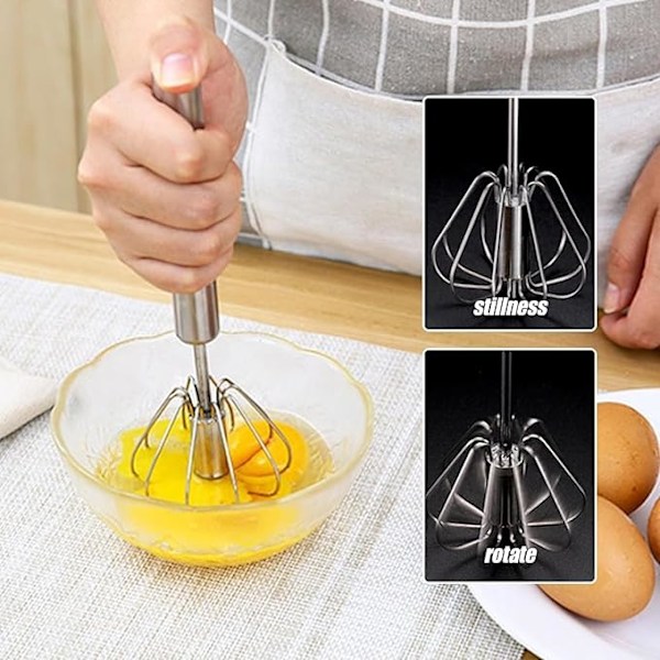 Handvisp, Halvautomatisk Visp i Rostfritt Stål, Roterande Halvautomatisk Äggvisp, Handmixer, Omrörningsverktyg för Kök, Hem Äggmjölk (25 cm)