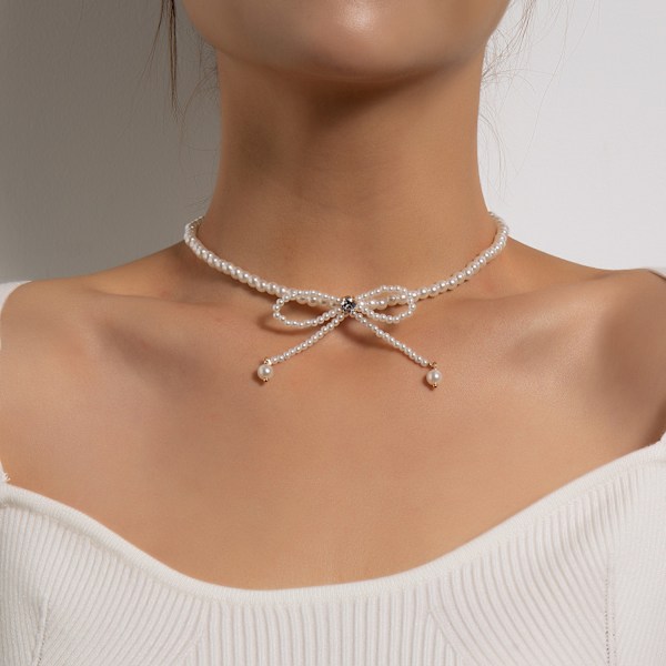 Halskjede Imitert Perle Choker Halskjede Søt Sommerfugl Sløyfe Perle