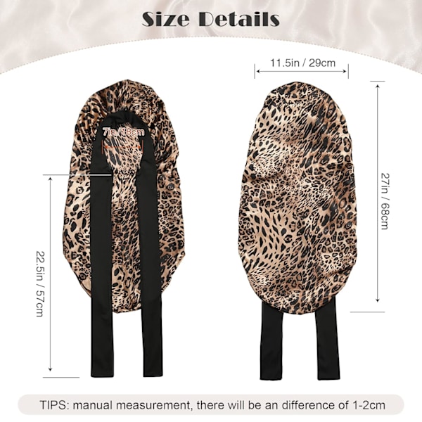 Lång Satin Bonnet för Flätor - Elastiska Silkeshårbonnetter för Sömn Nattmössa Stretchigt Knytband för Kvinnor (Leopard)