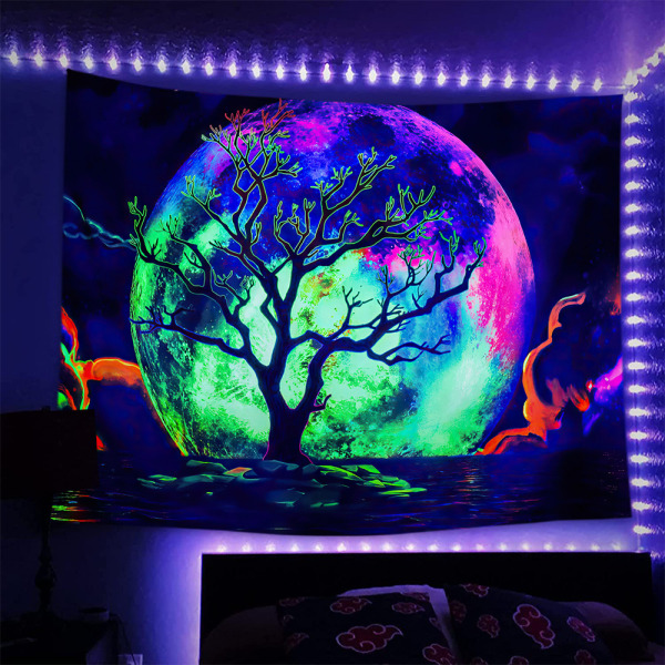 Blacklight Moon Tapestry, UV Reactive Tree Lake Färgrik stjärnklar natt