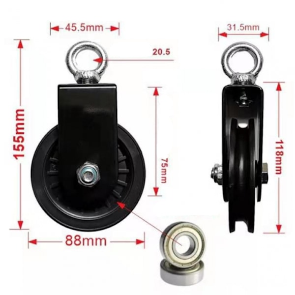 90MM Kaapelihihnapyörä, Kuntoiluhihnapyörä, DIY-lisävaruste Nostohihnapyörä Metallikaapeliköydelle, Kuorma 150 kg (2 kpl)