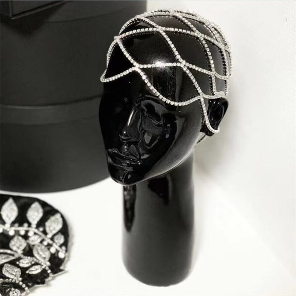 Crytsal Head Chain Silver Cap Headpieces Party Rhinestone Flapper Hår