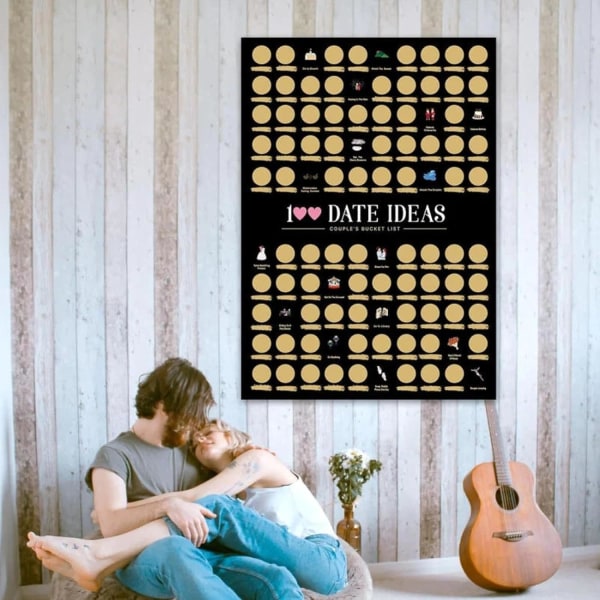 100 dates skrabelodsplakat, par overraskelse 100 date ideer liste, skrabe off eventyr par, date night ideer ting at gøre skrabelodsplakat, romantisk bucket liste