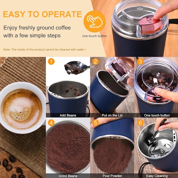 Elektrisk Kaffekvern, 200W Multifunksjonell Kaffekvern med Blader i Rustfritt Stål, Elektrisk Kaffekvern med Overopphetingsbeskyttelse, Bærbar Kaffekvern