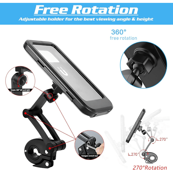 Mobiltelefonholder for sykkel, motorsykkel, universell sykkelmontering, vanntett berøringsskjerm med 360° rotasjon, mobiltelefonholder for smarttelefoner opptil 6