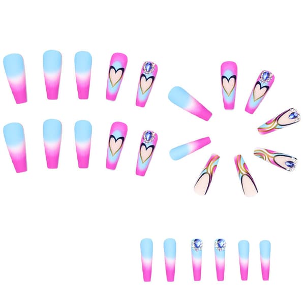 Pink Gradient Press On Negle Blå Rhinestone Designs